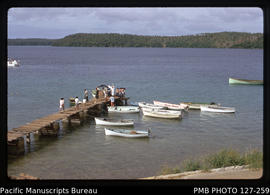 'Small jetty in Neiafu harbour with outboard dinghies moored to it, Tonga'