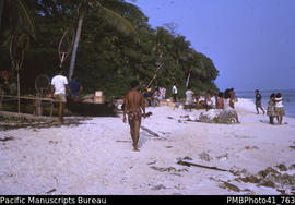 [Villagers, fish nets on beach], Bellona Ahanga - landing