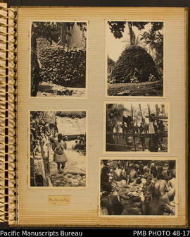 Photograh album, page 15: Large display of yams and preparing to cook yams, Makaruka, Weather Coast