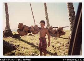 Boy from Satufia carrying coconuts along the road. Satupaitea, Savaii