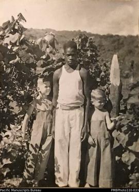 'Tari, Donovan [and] Roger September 1940.' probably at Wintua mission house, South West Bay, Mal...
