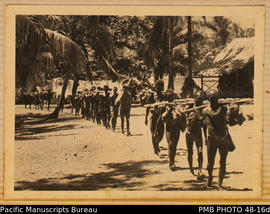 Procession of men carrying yams, Makaruka, Weather Coast
