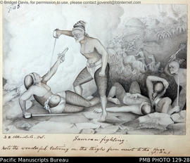 'Samoan fighting. Note the wonderful tatooing [tattooing] on the thighs from waist to the knee.'