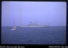 'Naval escort vessel arriving with Royal Yacht Brittania, Tonga'