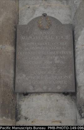 Commemorative plaque in memory of Marshal Foch, in charge of the defence of the city of Amiens in...