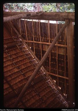 'Typical internal view of construction of a leaf house roof, Sikile Village, Roviana Lagoon'