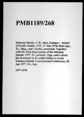 Solomon Islands. C.H. Allan, Seminar – School of Pacific Studies ANU, 27 July 1978, final copy, T...