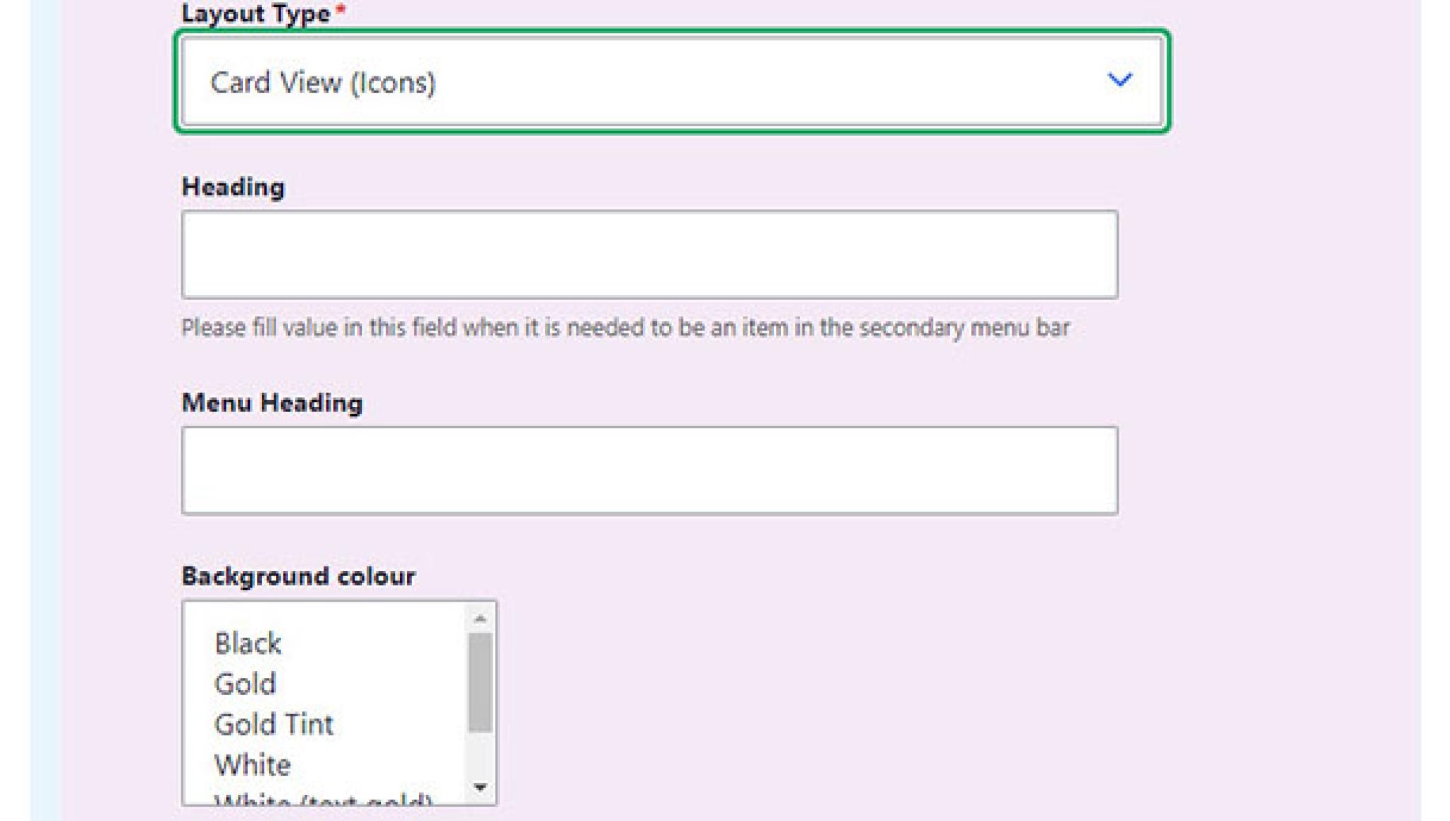 Layout type dropdown list and options