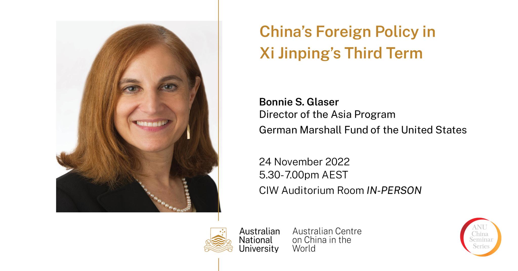 Image of Bonnie Glaser next to the text, "China's Foreign Policy in Xi Jinping's Third Term"