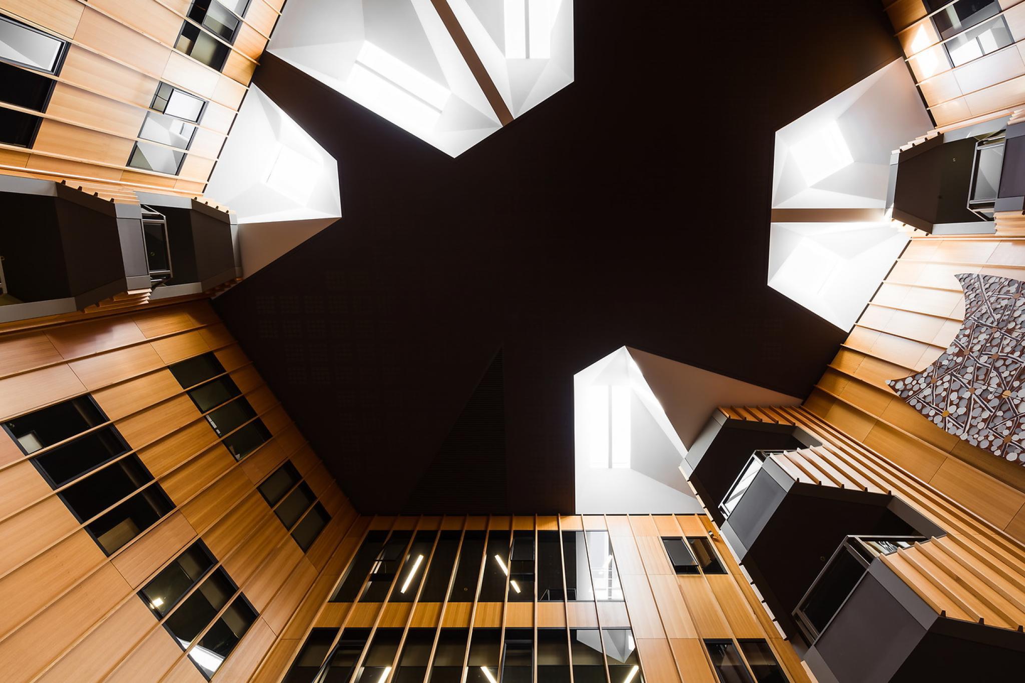Looking upwards in the atrium of the Hedley Bull Building