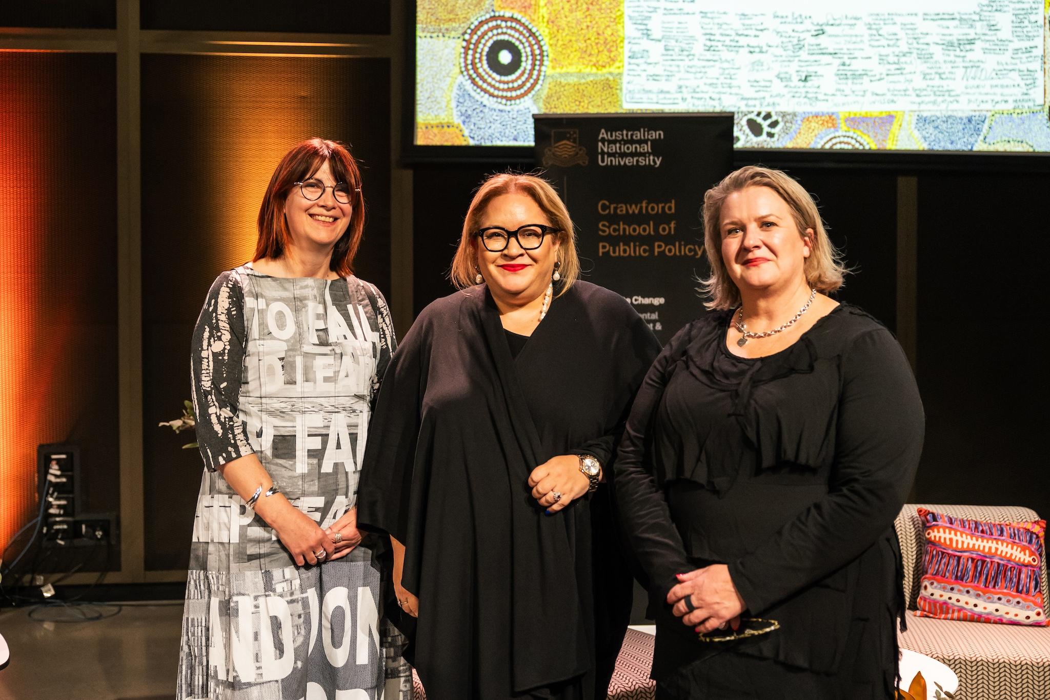 The College Dean, Professor Helen Sullivan, Scientia Professor Megan Davis and Director, Crawford School of Public Policy Janine O'Flynn 