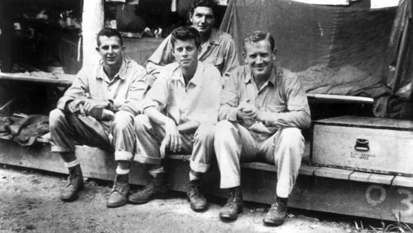PC 96 Tulagi, Solomon Islands. PT Boat Officers (L-R) James ("Jim") Reed, John F. ("Jack") Kennedy, George ("Barney") Ross [rear], and Paul ("Red") Fay