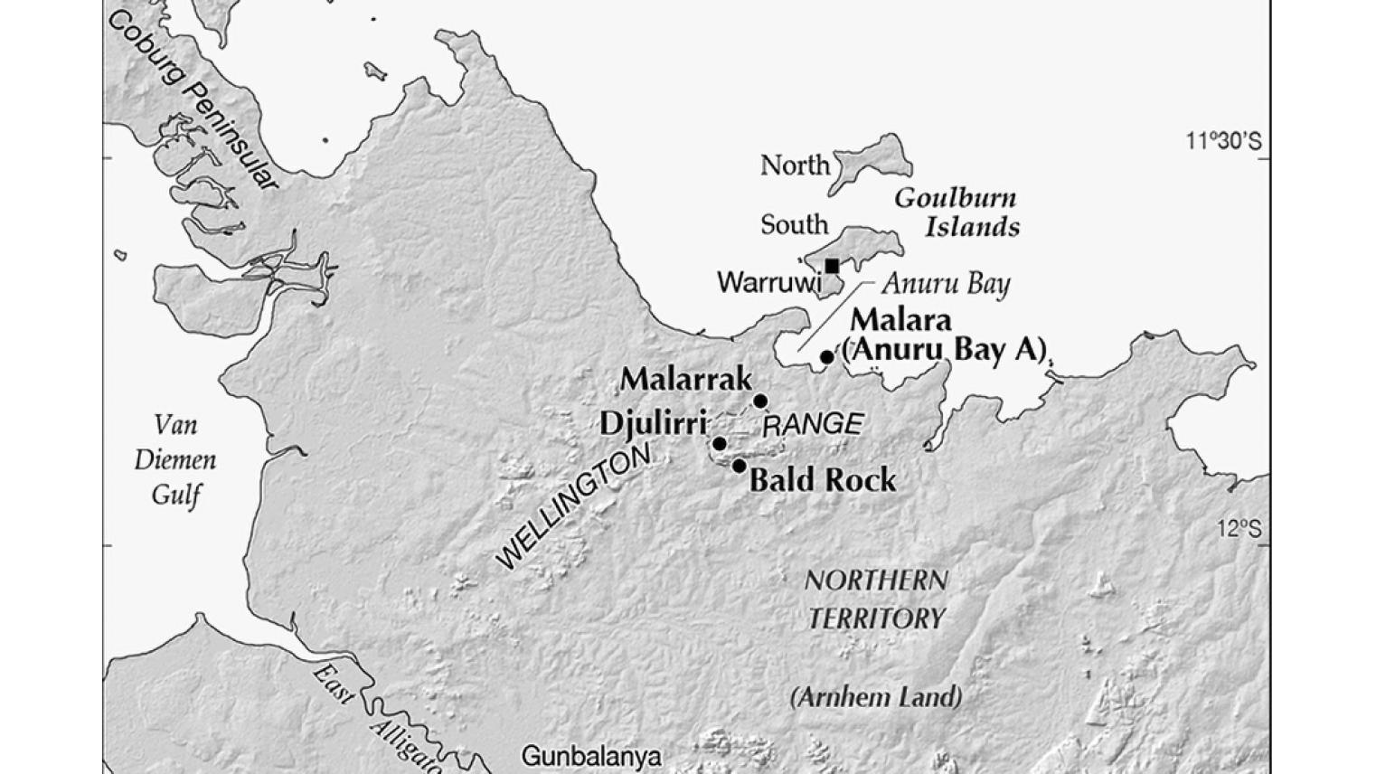 Malara (Anuru Bay A) and other archeological sites in Wellington Range, Arnhem Land (map produced by CartoGIS ANU).