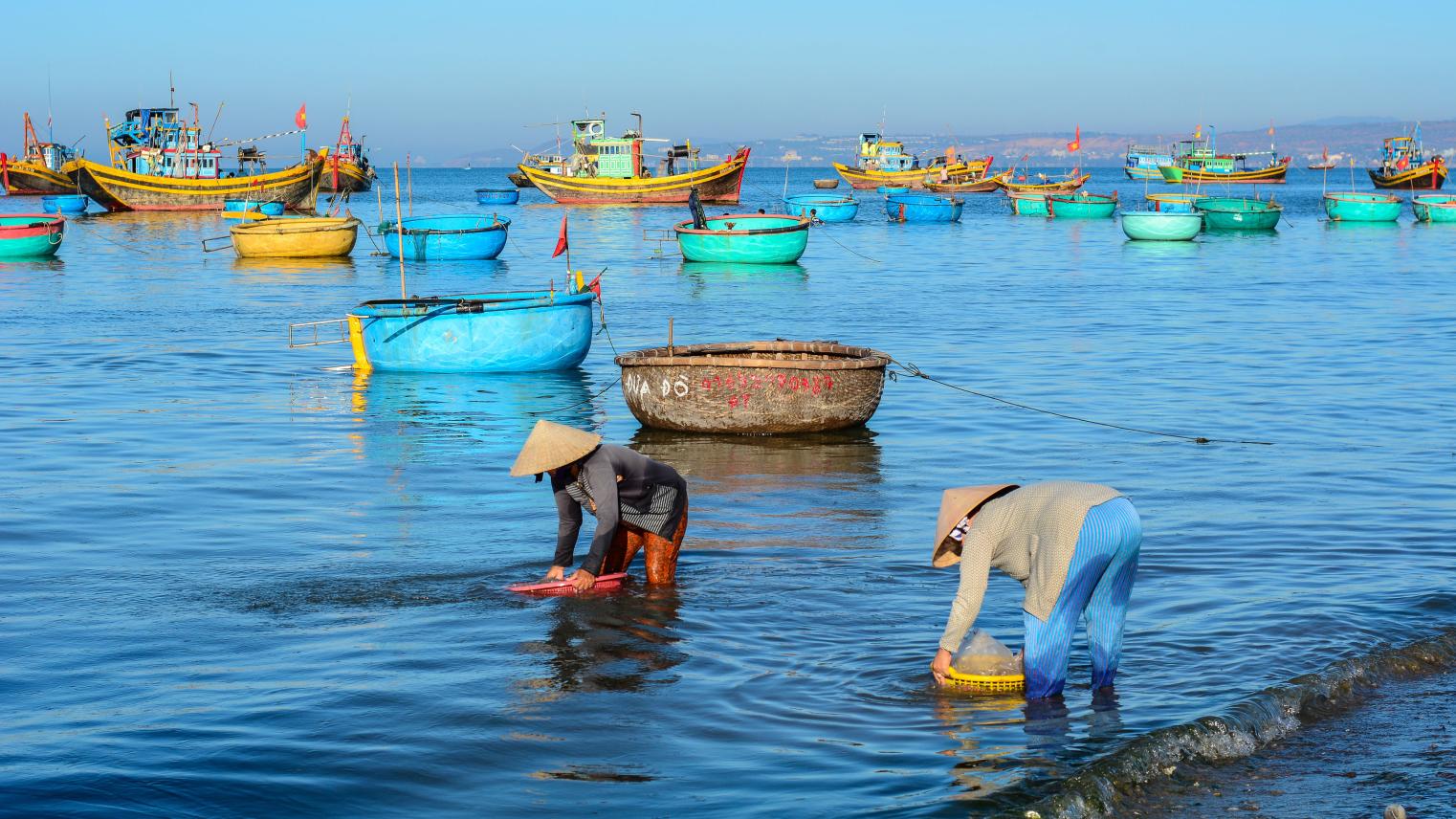 Women with traditional hats working at village by Phuong