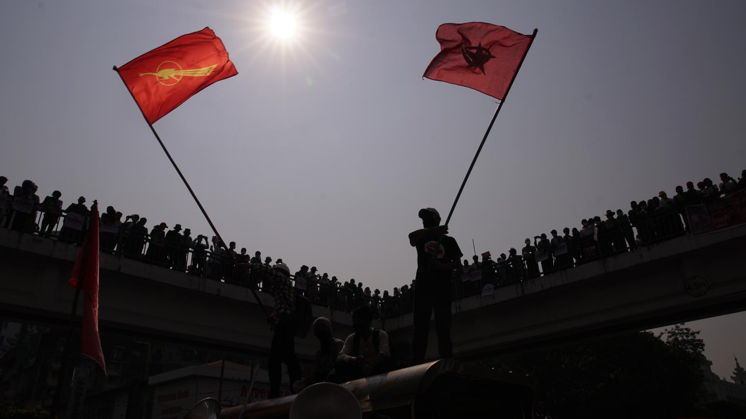 Demonstrators in Yangon opposing the military coup in 2021. Demonstrators in Yangon opposing the military coup in 2021.